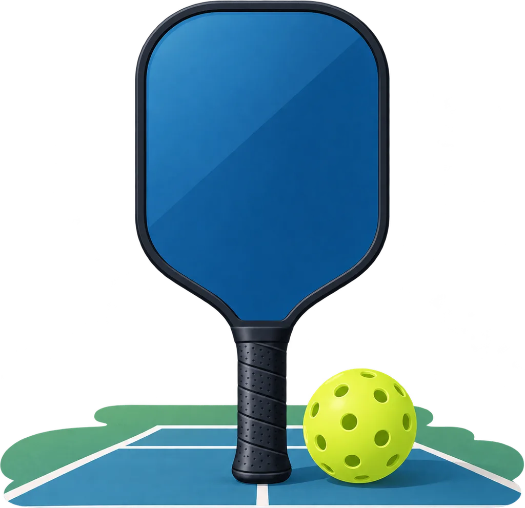 Illustration sobre d'une raquette de pickleball à face pleine posée à côté d'une balle perforée sur un fond de terrain stylisé.