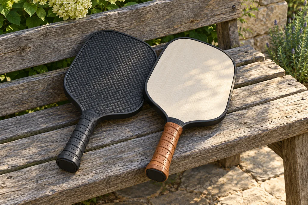 Deux raquettes de pickleball côte à côte, l'une à surface mate tissée, l'autre à surface lisse.